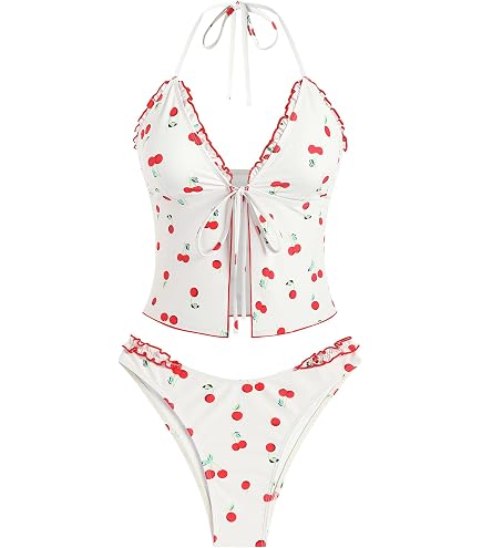 Amazon.com: CIDER V-Neck Gingham Bowknot Lettuce Trim Tankini